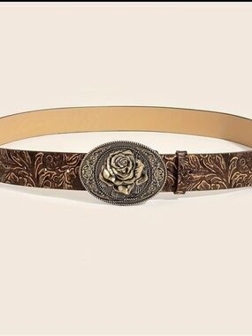 Western Embossed Rose Buckle Belt Brown Medium